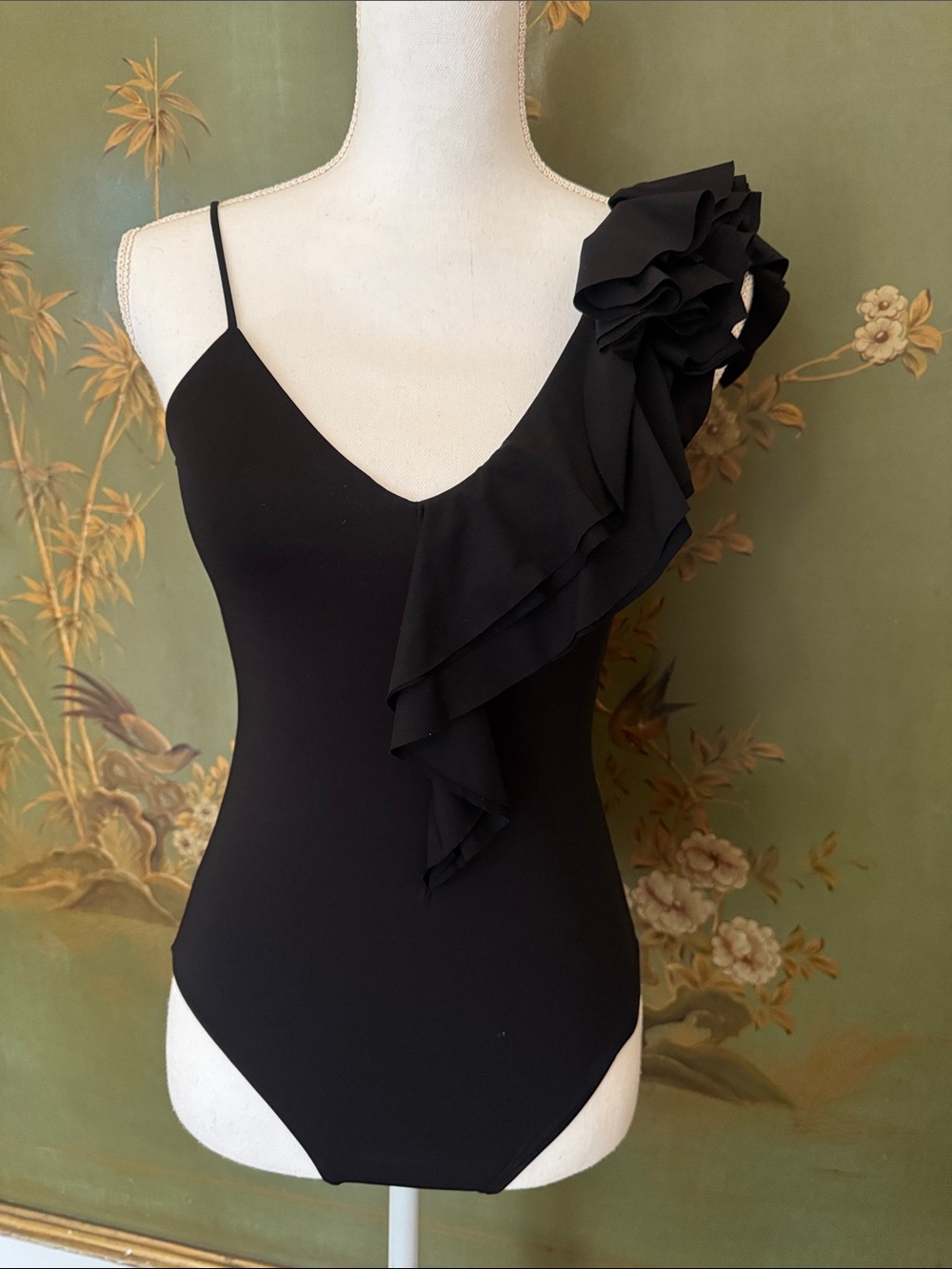 Maygel Coronel Black One-Shoulder Floral Ruffle Bodysuit